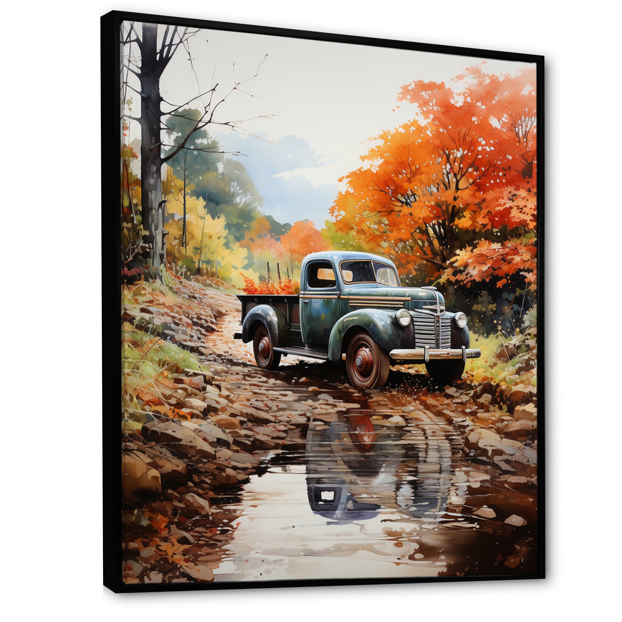 Orange Pickup Truck Autumn Symphony - Pickup Truck Canvas Wall Art
