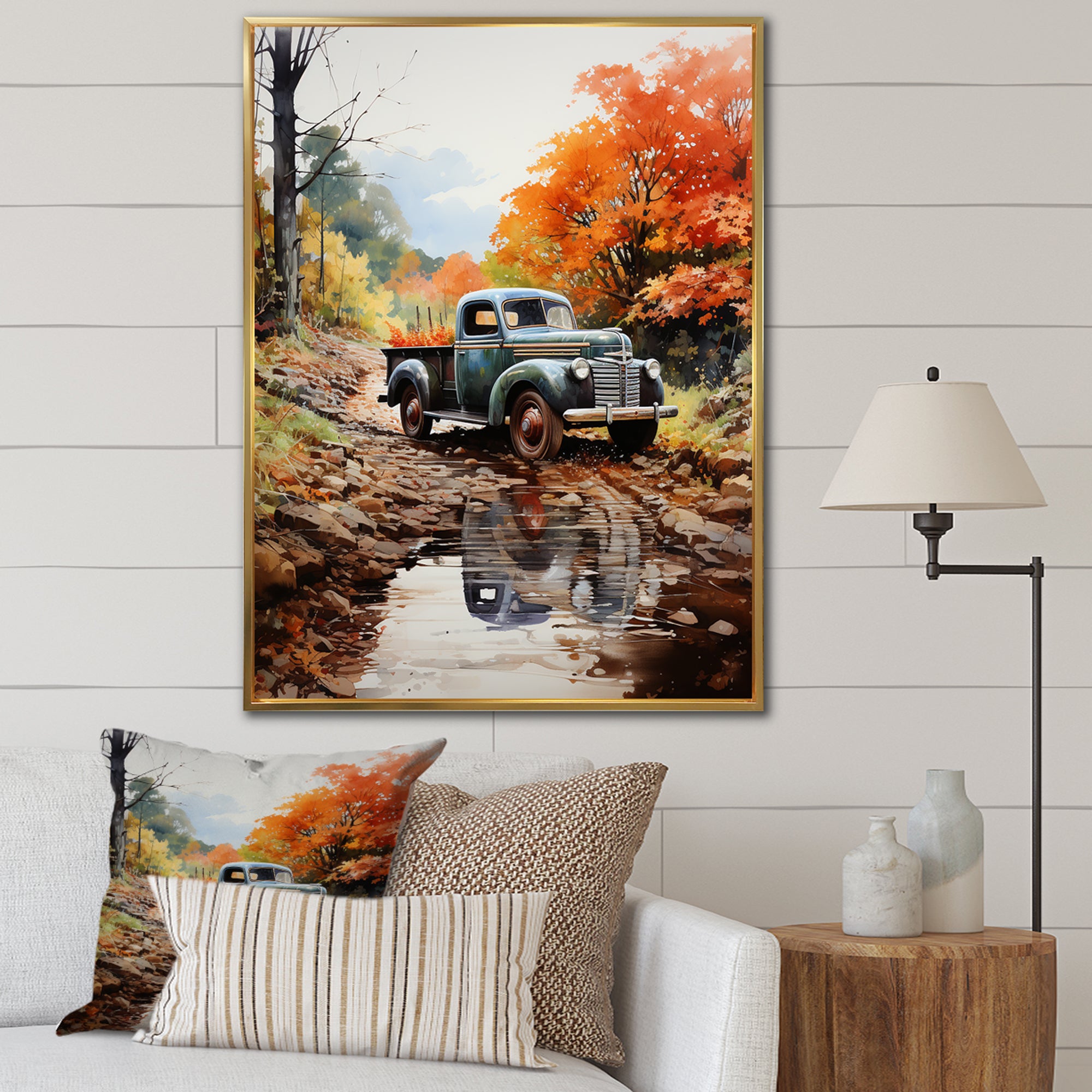 Orange Pickup Truck Autumn Symphony - Pickup Truck Canvas Wall Art