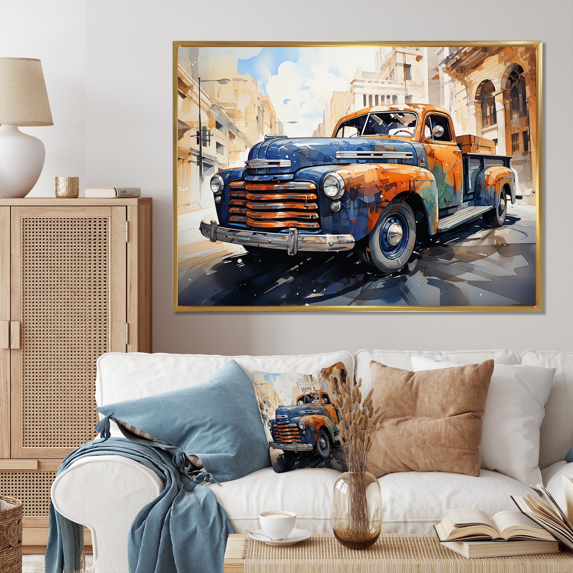 Orange Blue Pickup Truck Bold Contours I - Pickup Truck Canvas Wall Art