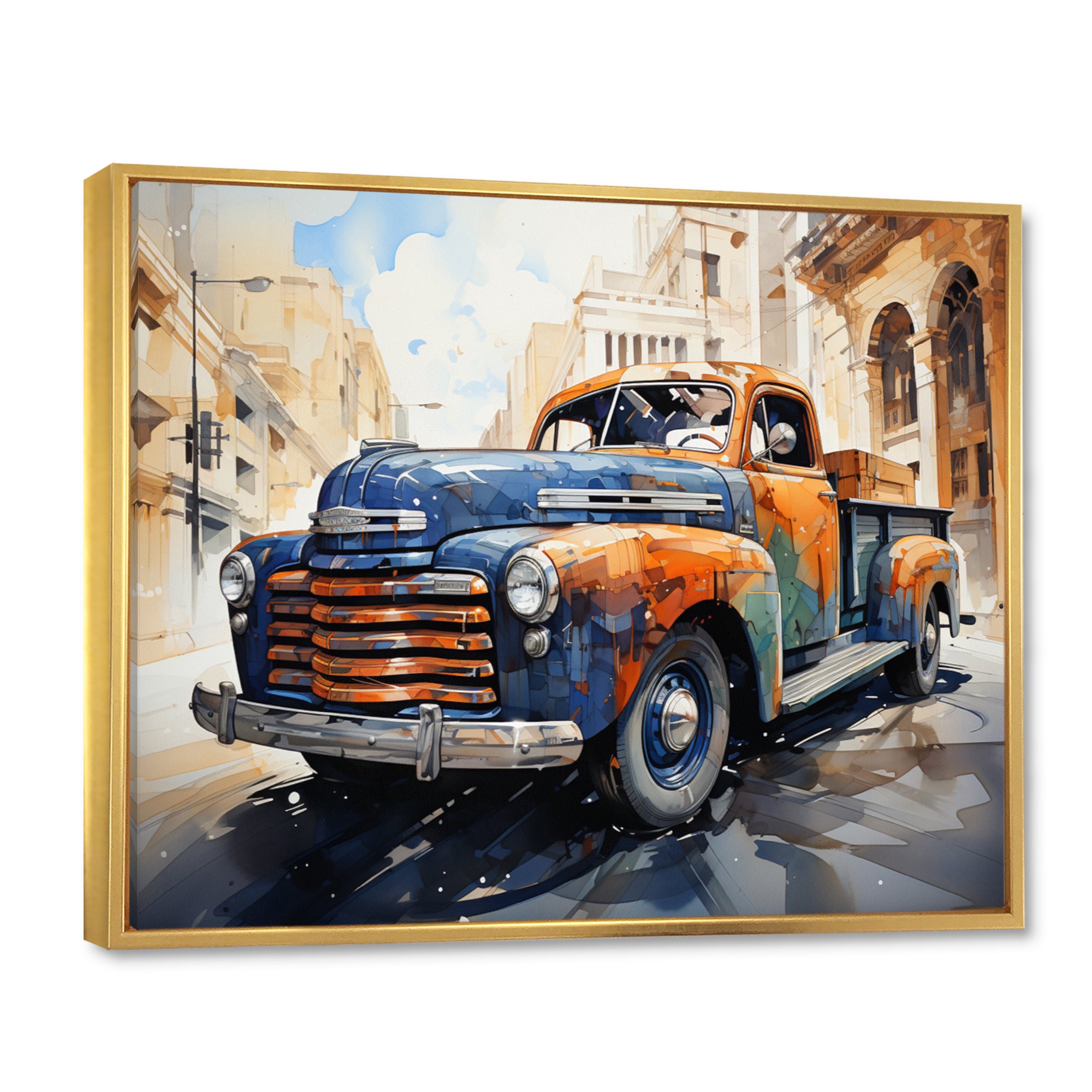 Orange Blue Pickup Truck Bold Contours I - Pickup Truck Canvas Wall Art