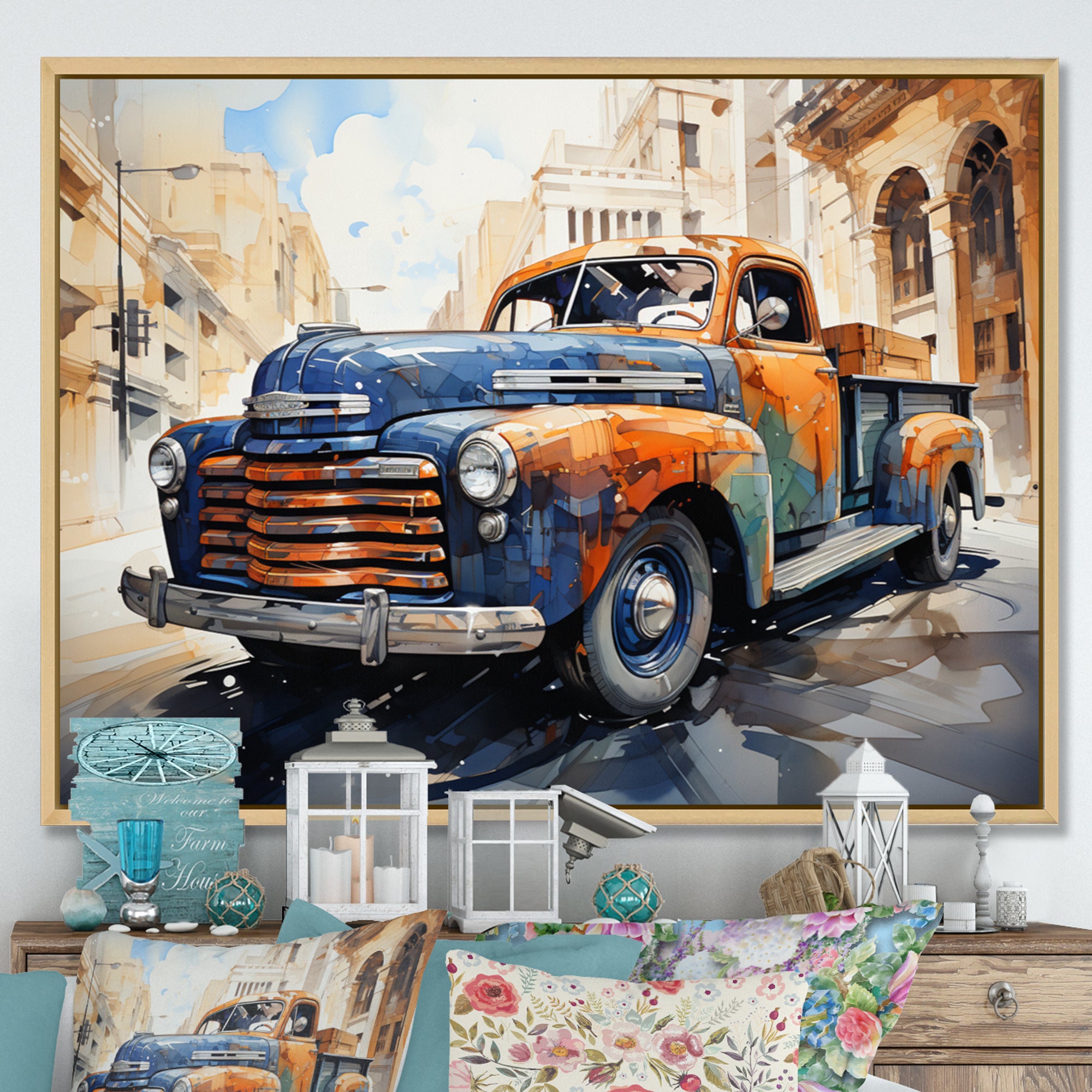 Orange Blue Pickup Truck Bold Contours I - Pickup Truck Canvas Wall Art