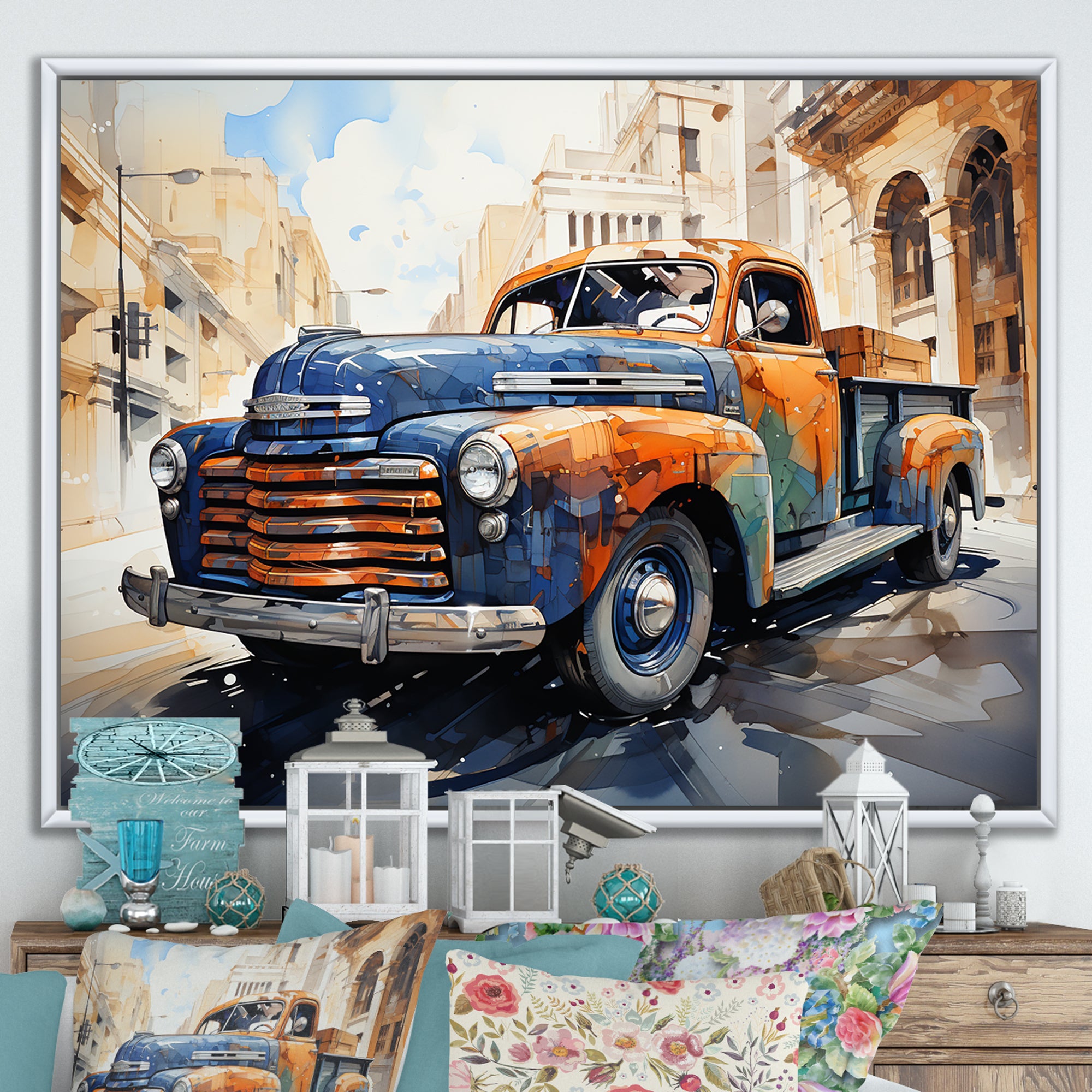 Orange Blue Pickup Truck Bold Contours I - Pickup Truck Canvas Wall Art