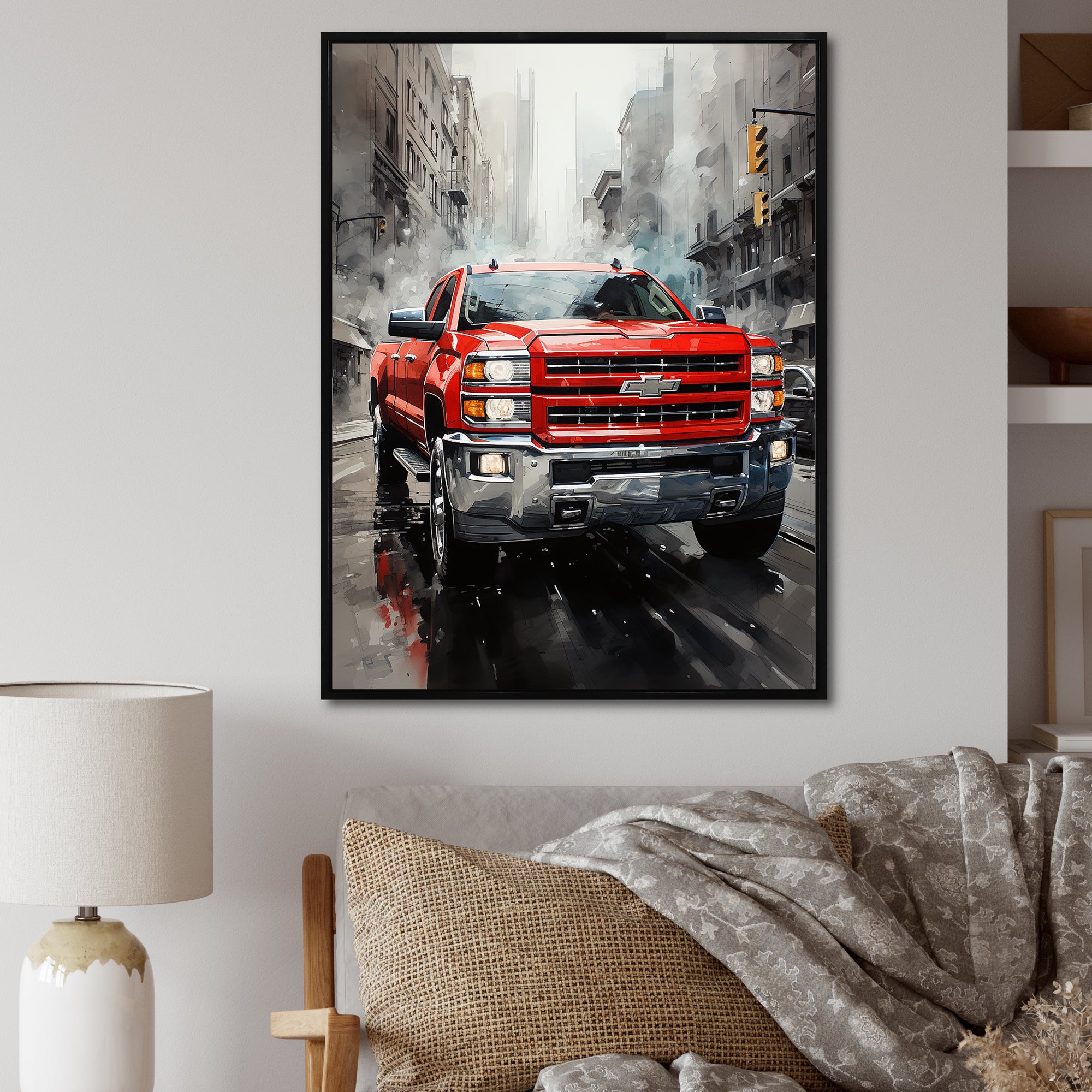 Red Pickup Truck Cityscape Hauler I - Pickup Truck Canvas Wall Art