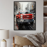 Red Pickup Truck Cityscape Hauler I - Pickup Truck Canvas Wall Art