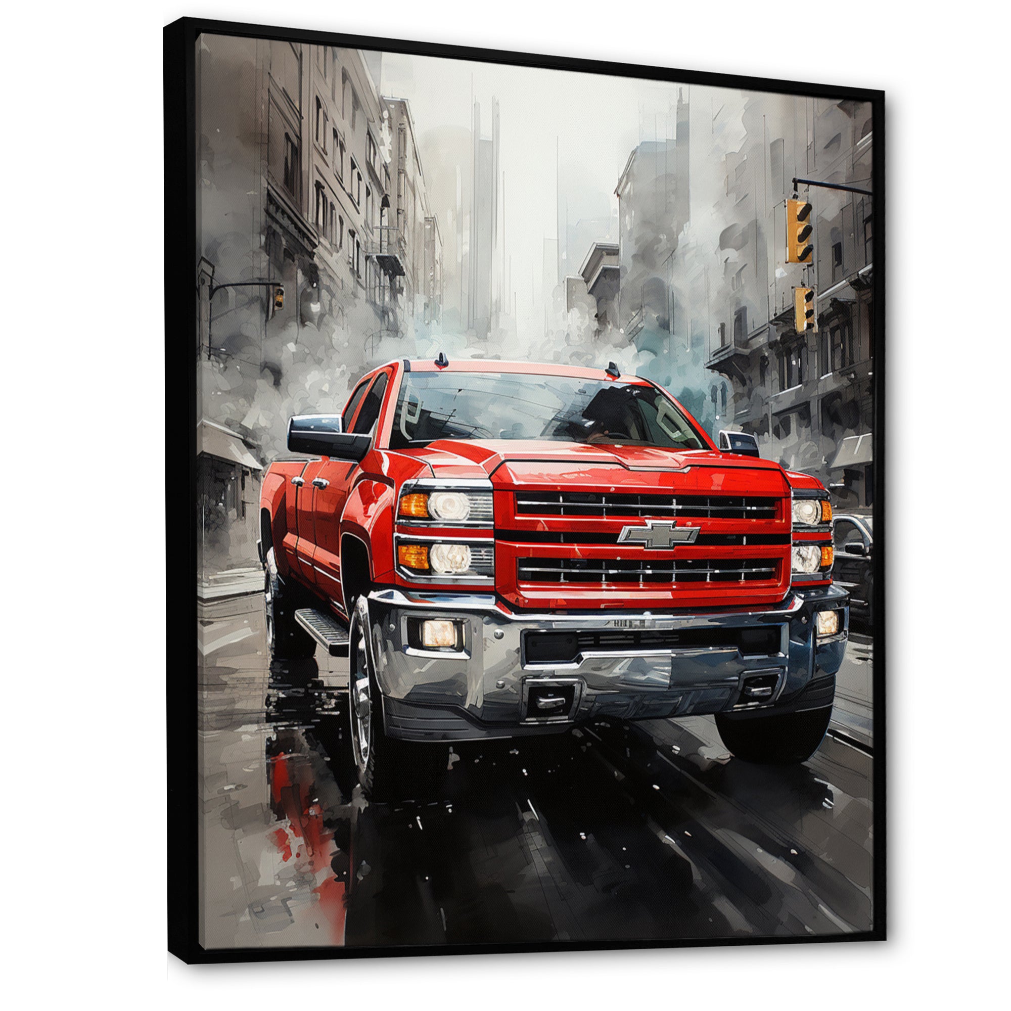 Red Pickup Truck Cityscape Hauler I - Pickup Truck Canvas Wall Art