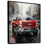 Red Pickup Truck Cityscape Hauler I - Pickup Truck Canvas Wall Art