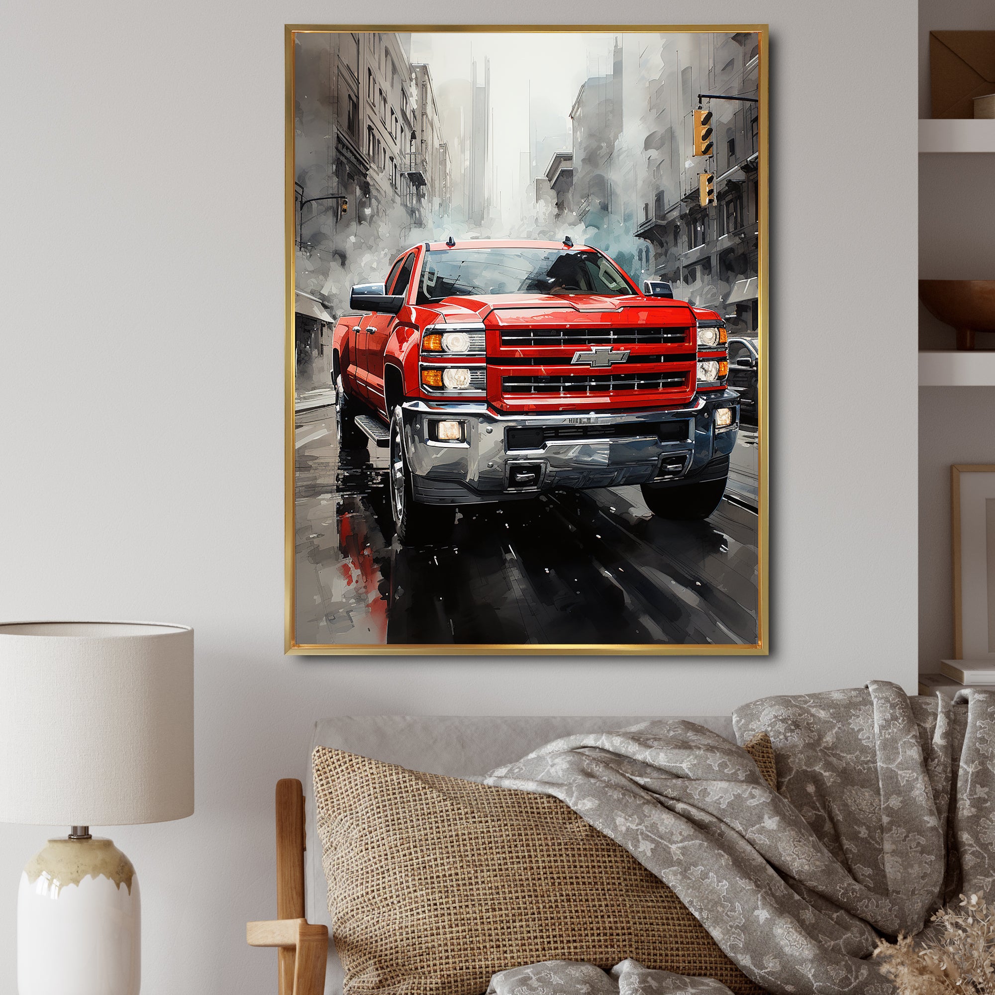 Red Pickup Truck Cityscape Hauler I - Pickup Truck Canvas Wall Art