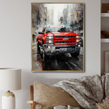 Red Pickup Truck Cityscape Hauler I - Pickup Truck Canvas Wall Art
