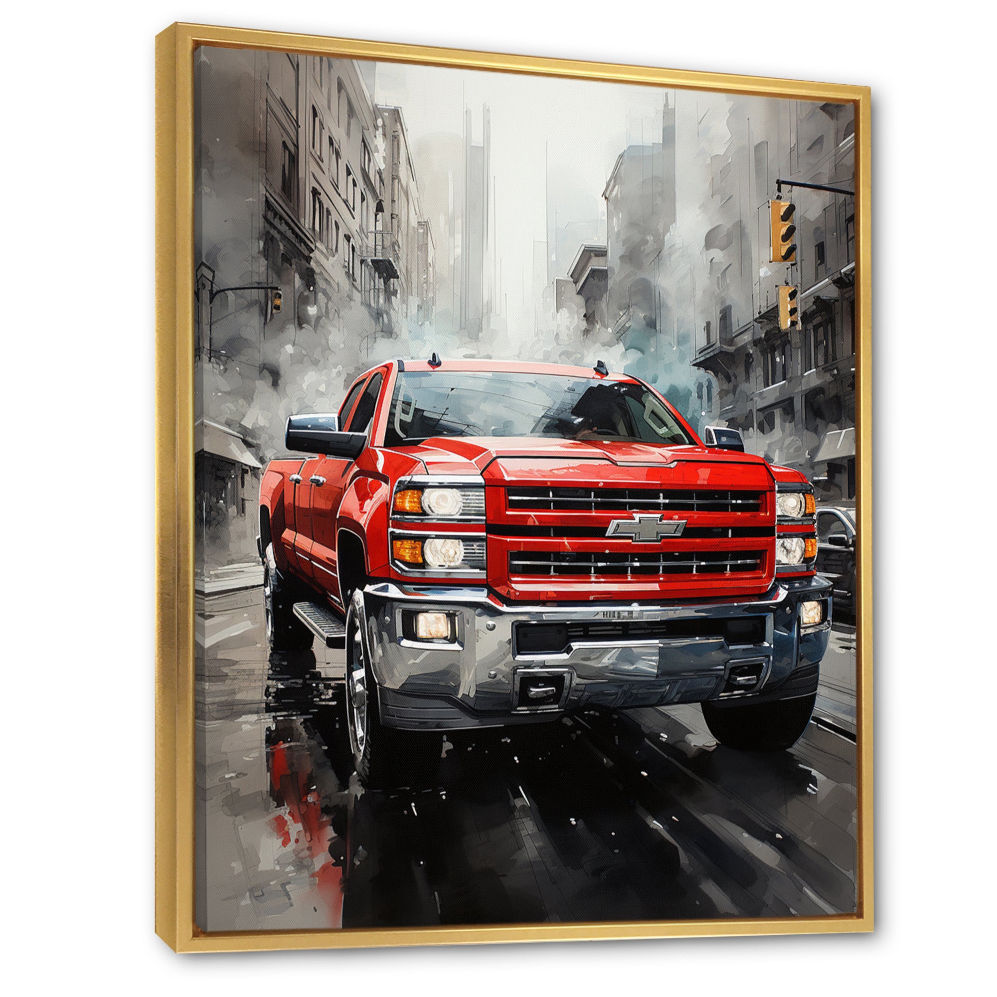 Red Pickup Truck Cityscape Hauler I - Pickup Truck Canvas Wall Art