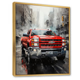 Red Pickup Truck Cityscape Hauler I - Pickup Truck Canvas Wall Art
