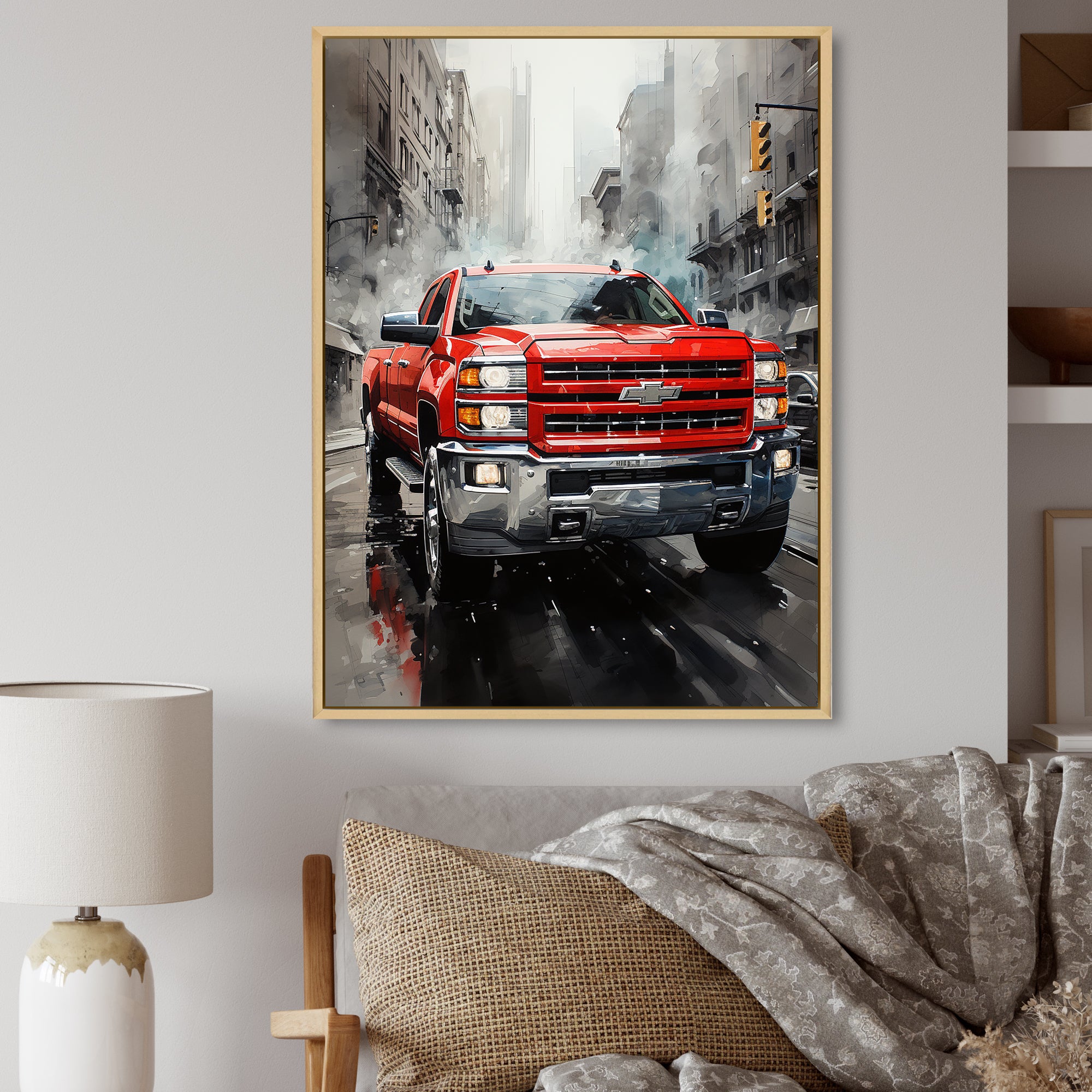 Red Pickup Truck Cityscape Hauler I - Pickup Truck Canvas Wall Art