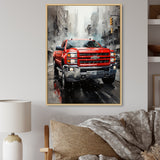 Red Pickup Truck Cityscape Hauler I - Pickup Truck Canvas Wall Art