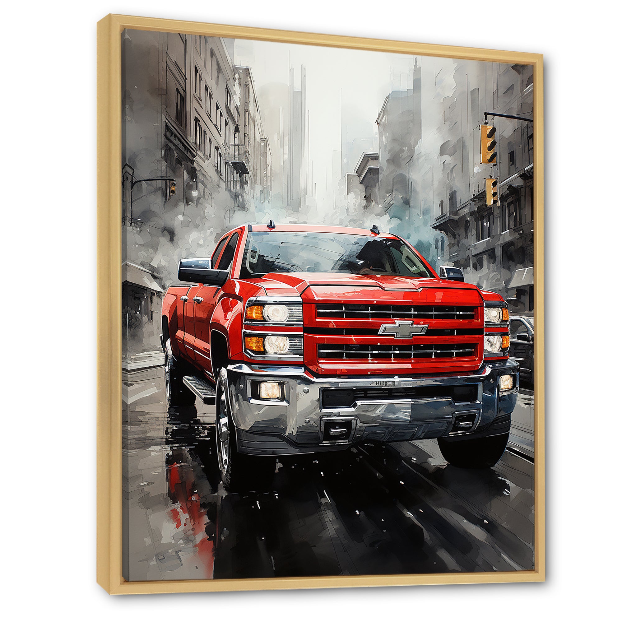 Red Pickup Truck Cityscape Hauler I - Pickup Truck Canvas Wall Art