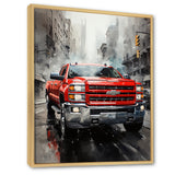 Red Pickup Truck Cityscape Hauler I - Pickup Truck Canvas Wall Art