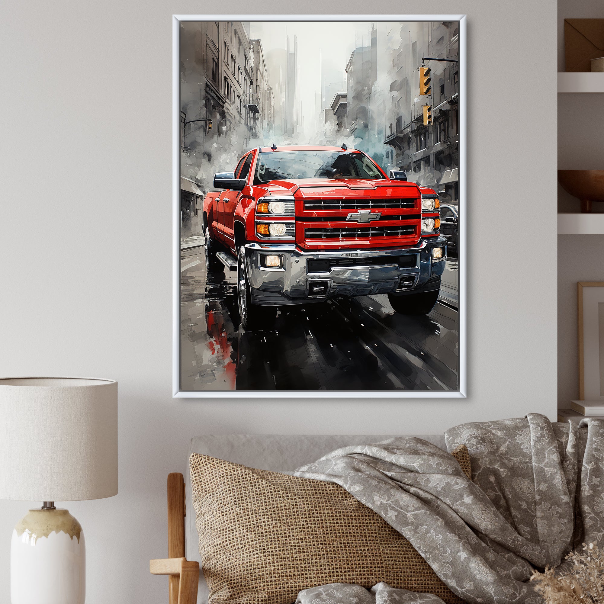 Red Pickup Truck Cityscape Hauler I - Pickup Truck Canvas Wall Art