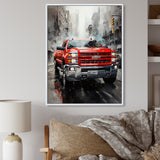 Red Pickup Truck Cityscape Hauler I - Pickup Truck Canvas Wall Art