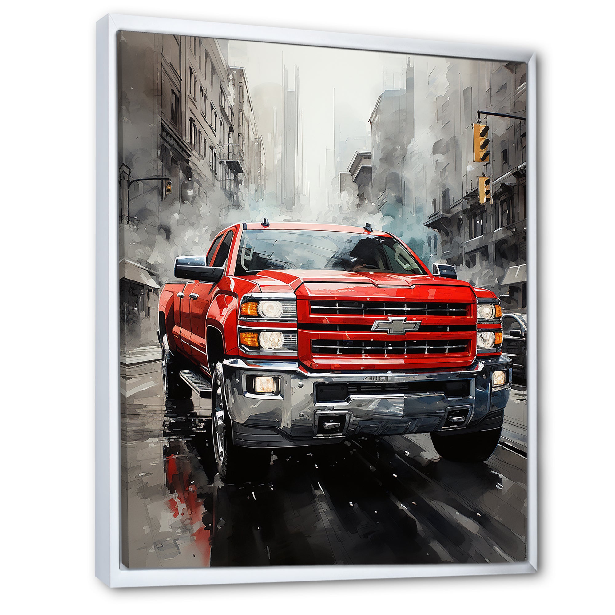 Red Pickup Truck Cityscape Hauler I - Pickup Truck Canvas Wall Art