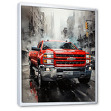 Red Pickup Truck Cityscape Hauler I - Pickup Truck Canvas Wall Art
