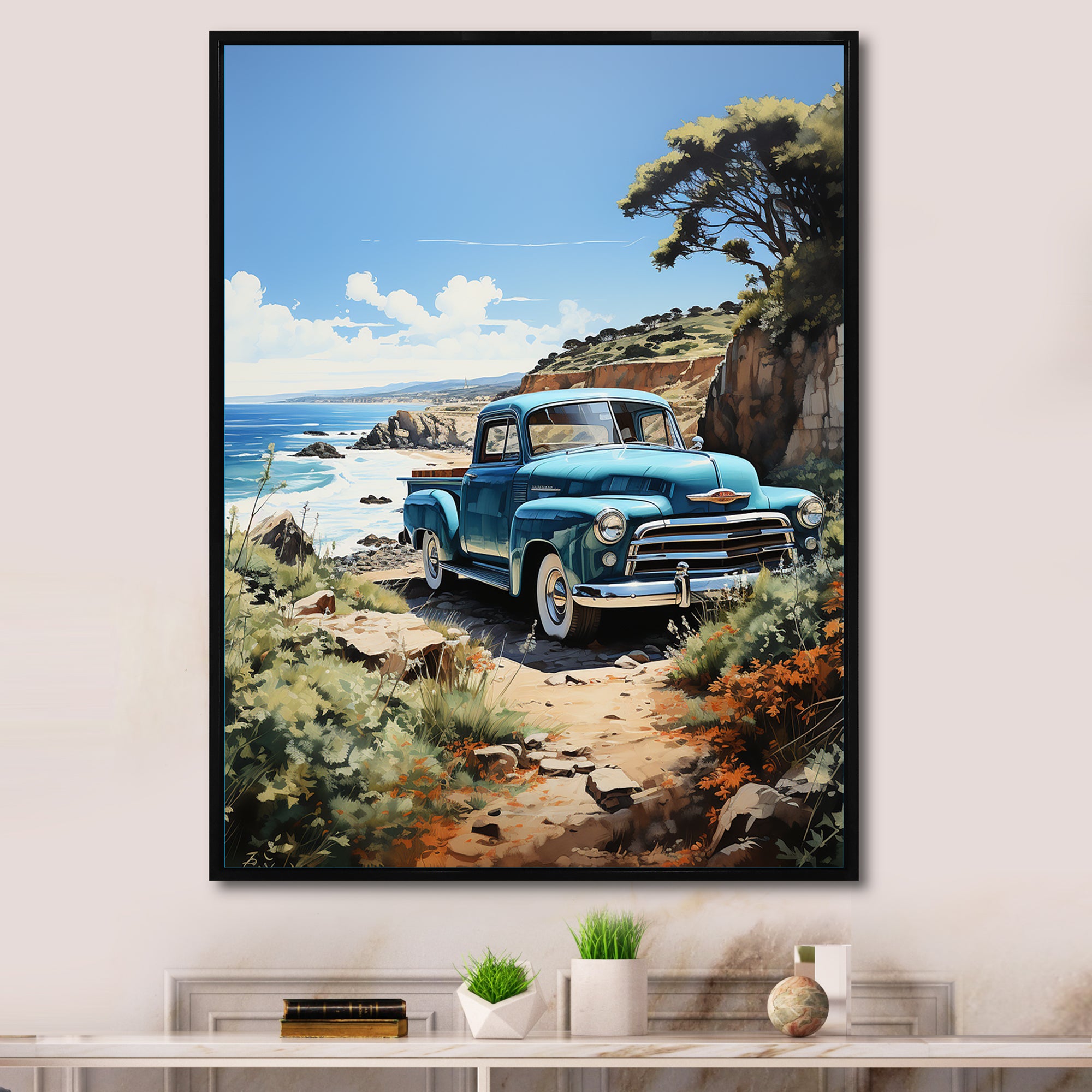 Blue Pickup Truck Coastal Retreat I - Pickup Truck Canvas Wall Art