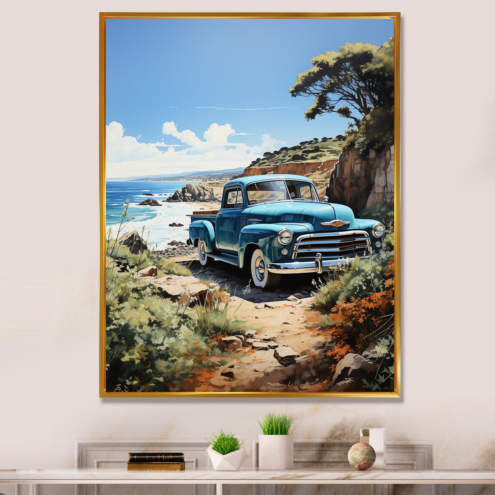 Blue Pickup Truck Coastal Retreat I - Pickup Truck Canvas Wall Art