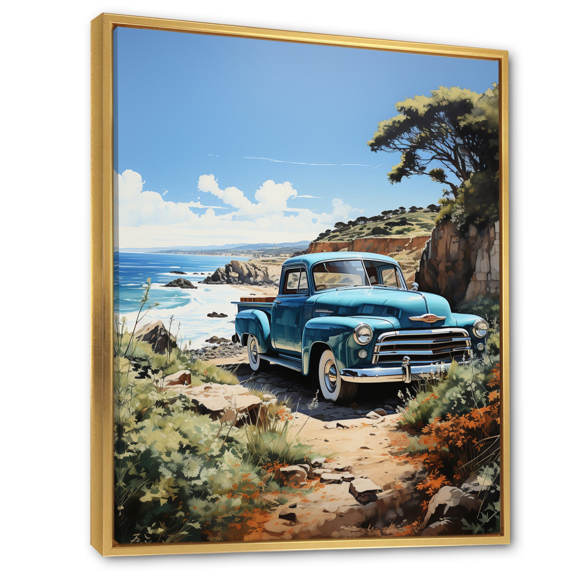 Blue Pickup Truck Coastal Retreat I - Pickup Truck Canvas Wall Art