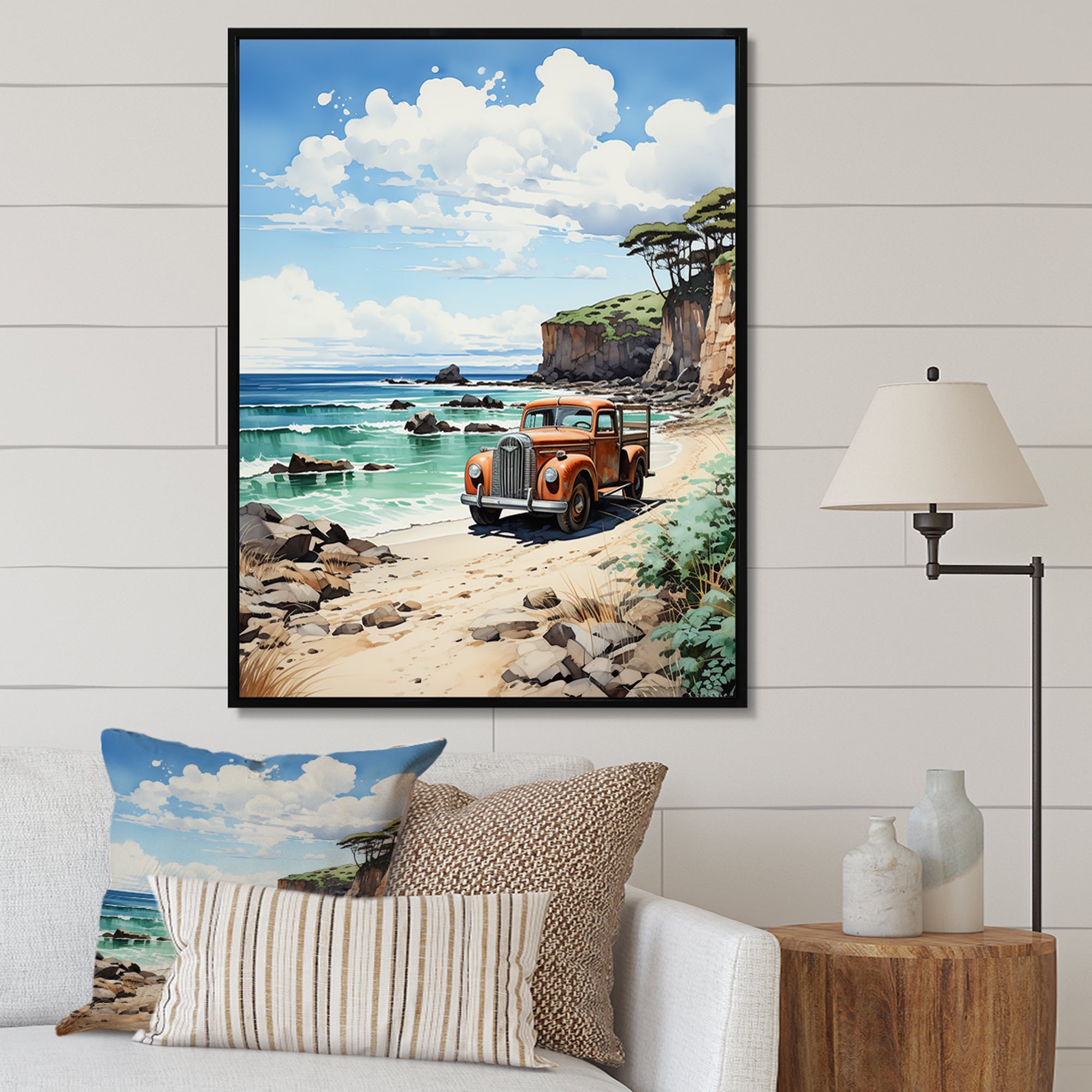 Coral Pickup Truck Coastal Retreat - Pickup Truck Canvas Wall Art