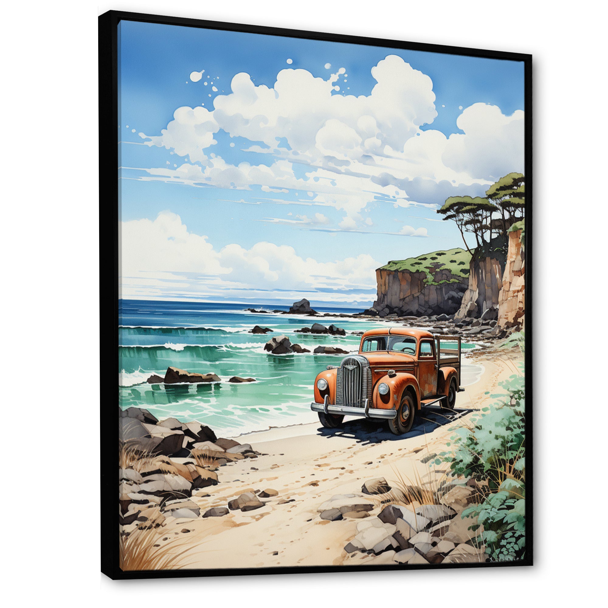 Coral Pickup Truck Coastal Retreat - Pickup Truck Canvas Wall Art