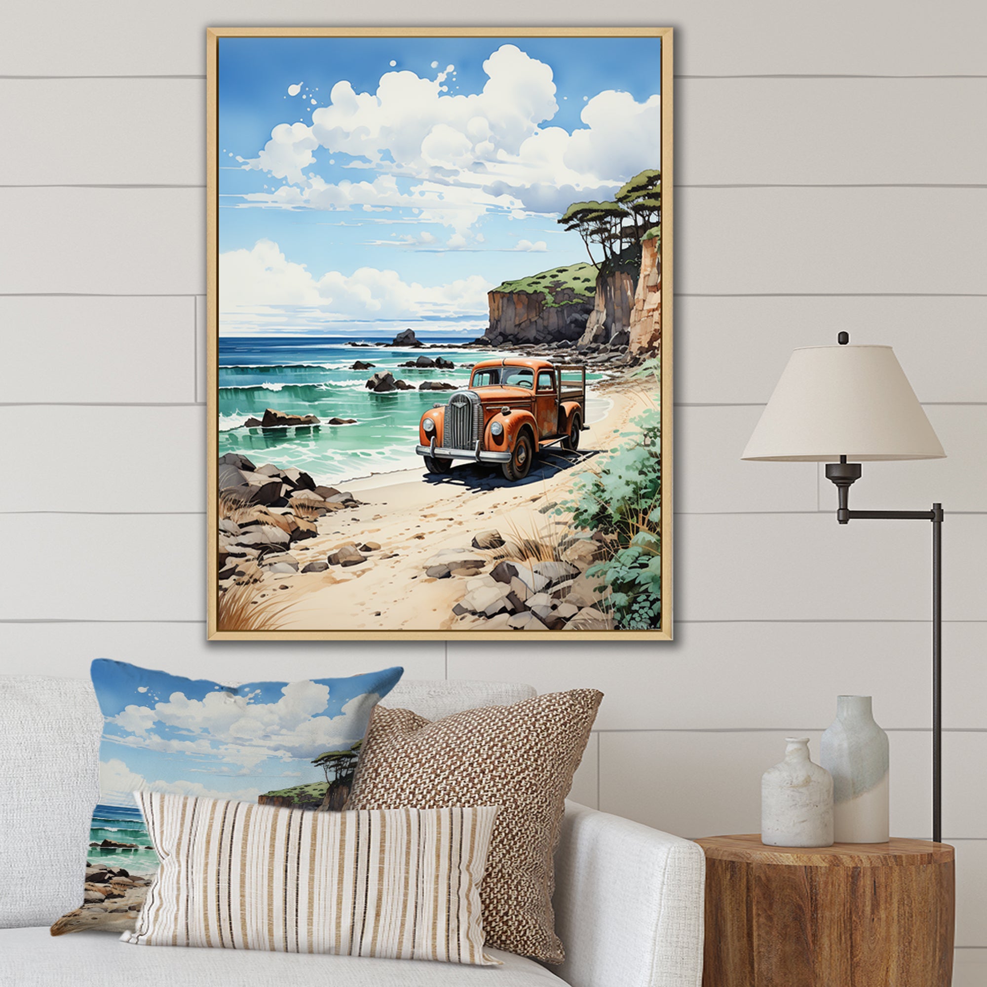Coral Pickup Truck Coastal Retreat - Pickup Truck Canvas Wall Art