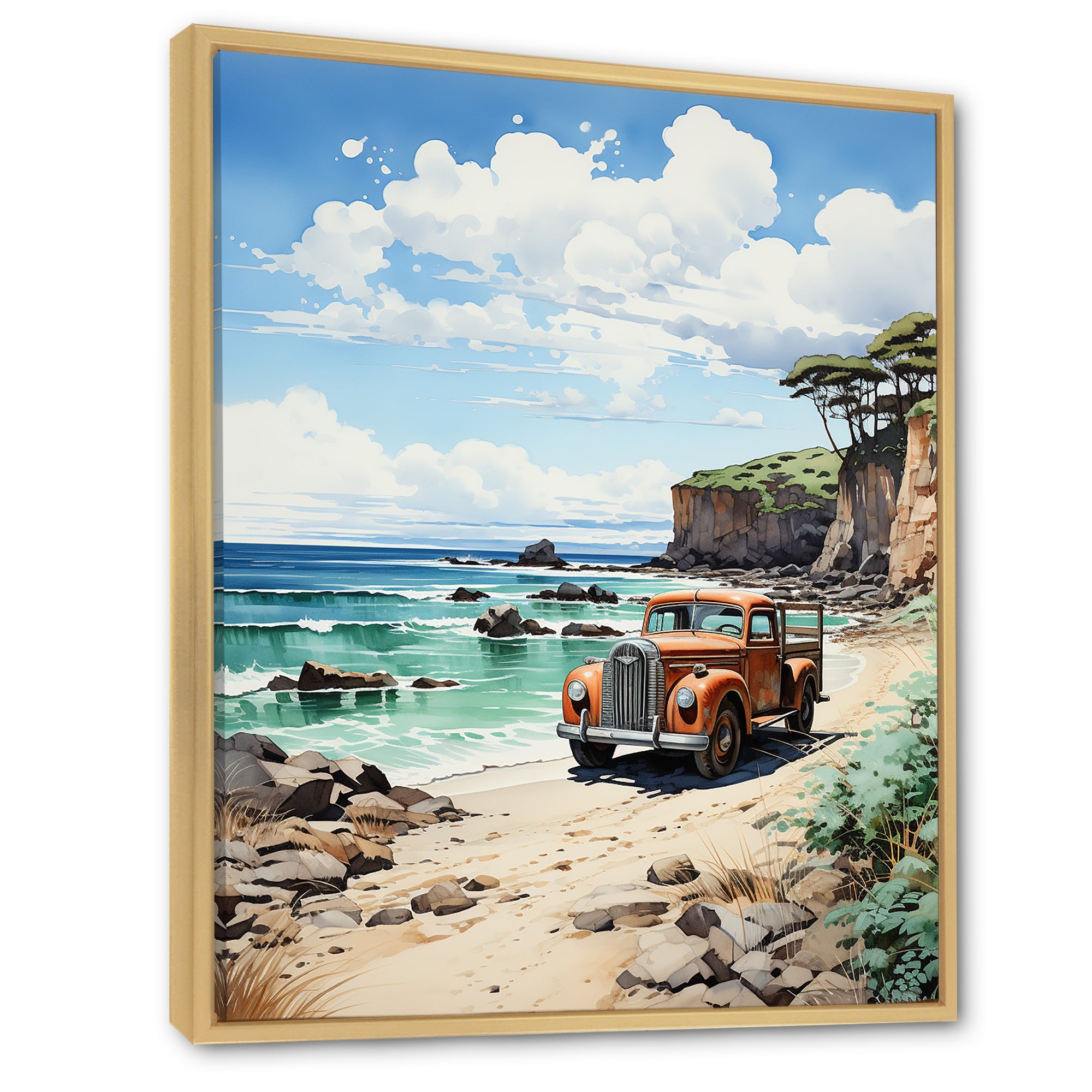 Coral Pickup Truck Coastal Retreat - Pickup Truck Canvas Wall Art