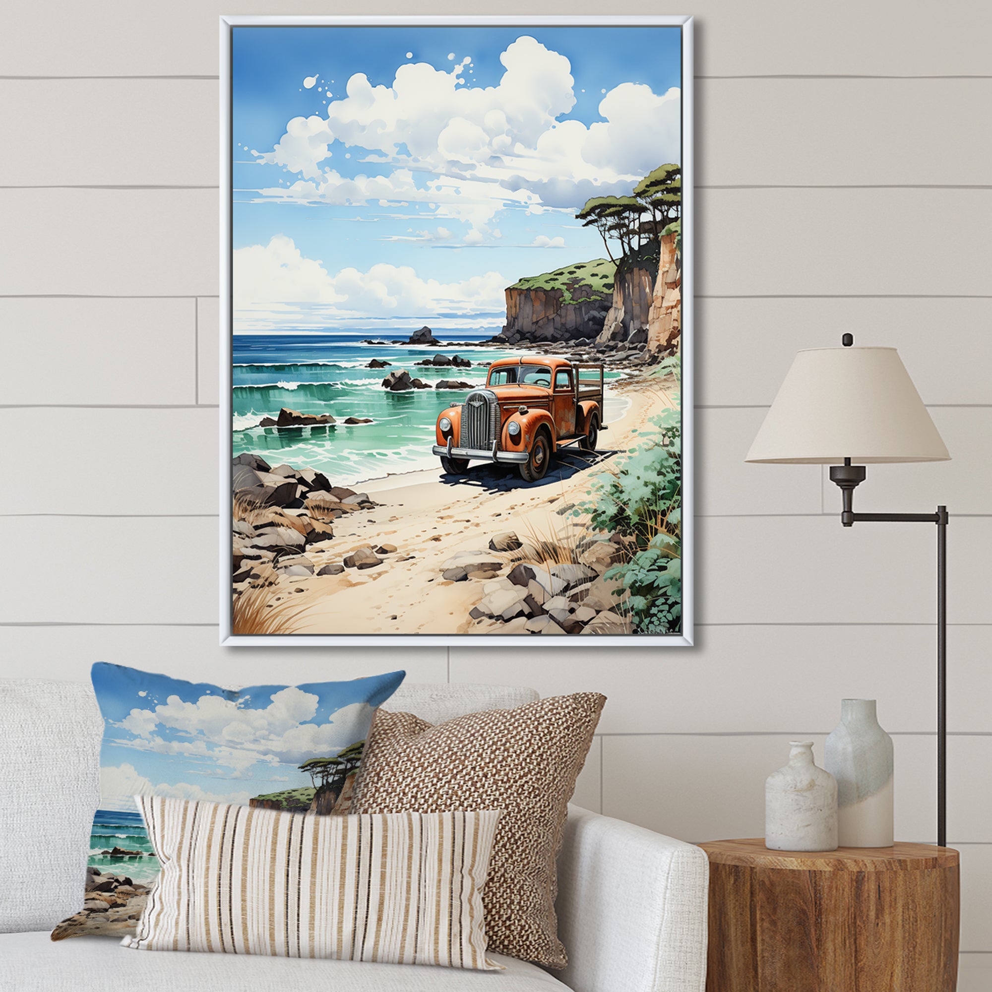 Coral Pickup Truck Coastal Retreat - Pickup Truck Canvas Wall Art