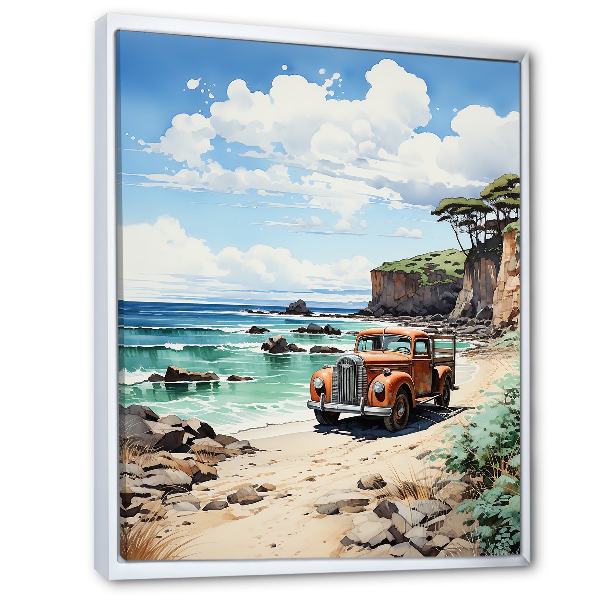 Coral Pickup Truck Coastal Retreat - Pickup Truck Canvas Wall Art