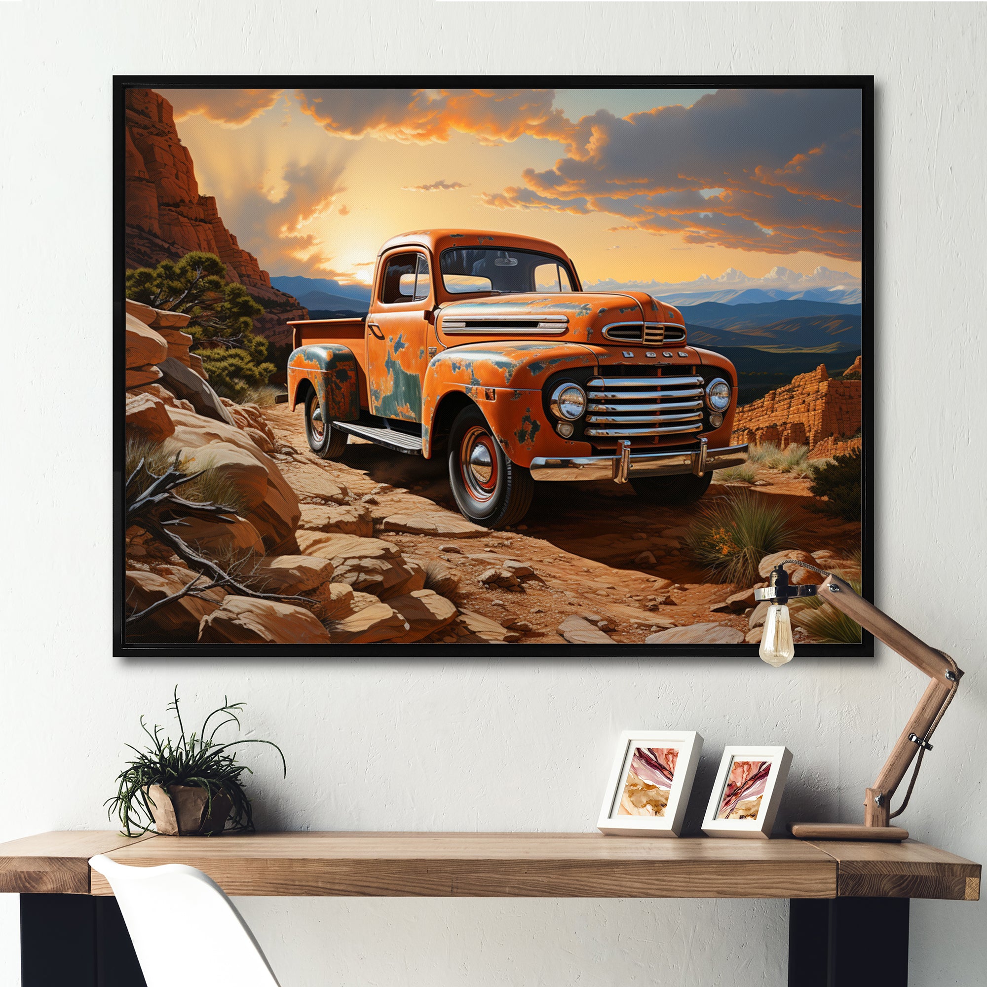 Orange Pickup Truck In Nevada Landscape - Pickup Truck Canvas Wall Art