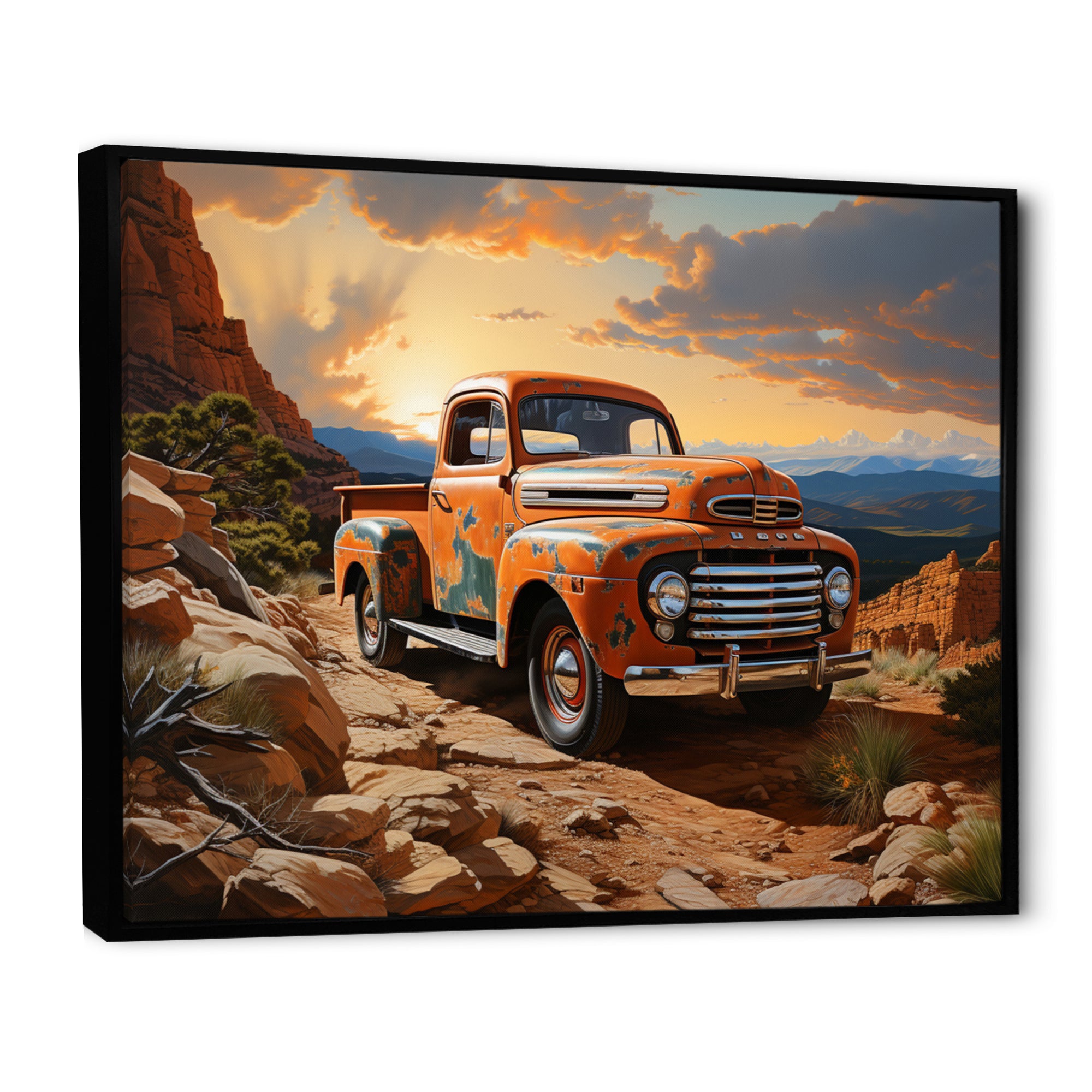 Orange Pickup Truck In Nevada Landscape - Pickup Truck Canvas Wall Art