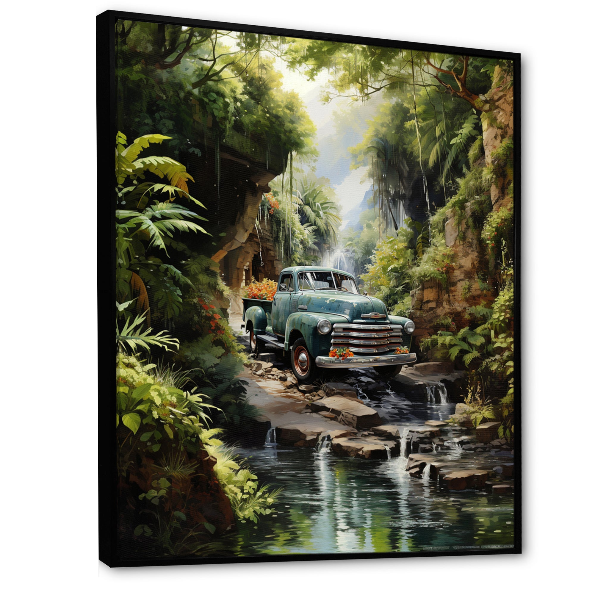 Green Pickup Truck Enchanting Waterfall I - Pickup Truck Canvas Wall Art