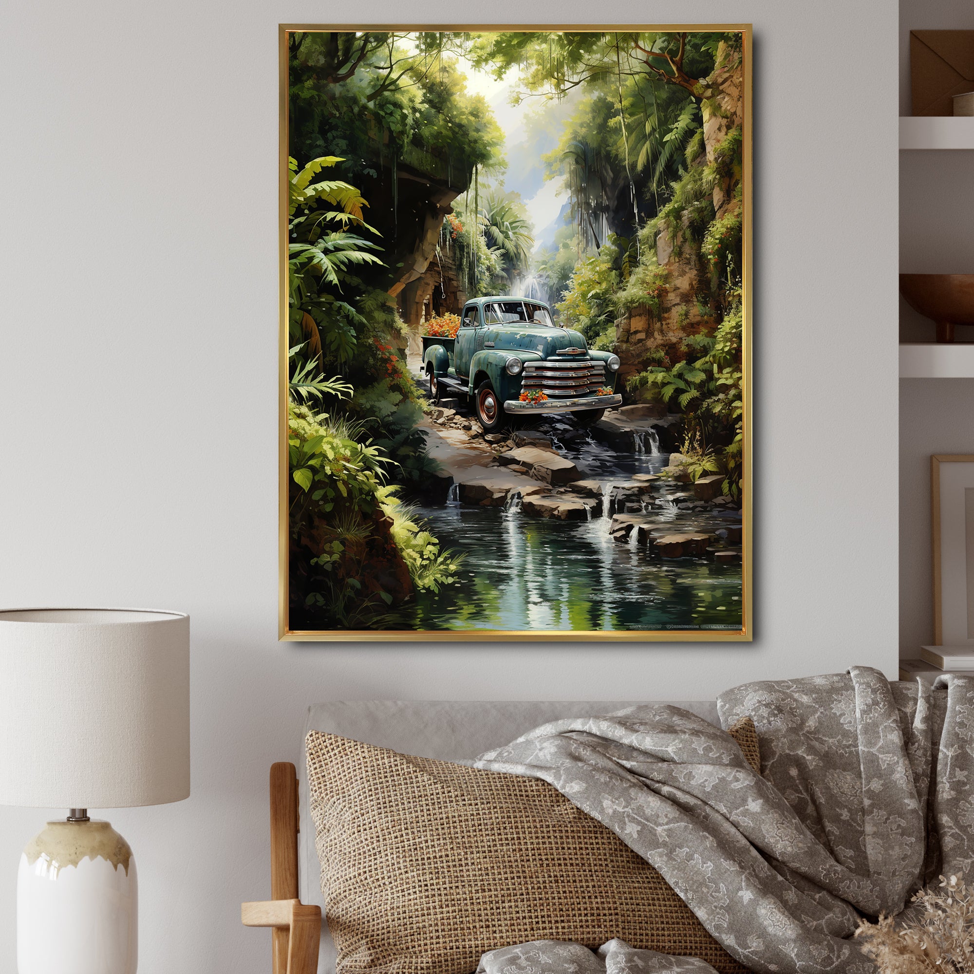 Green Pickup Truck Enchanting Waterfall I - Pickup Truck Canvas Wall Art