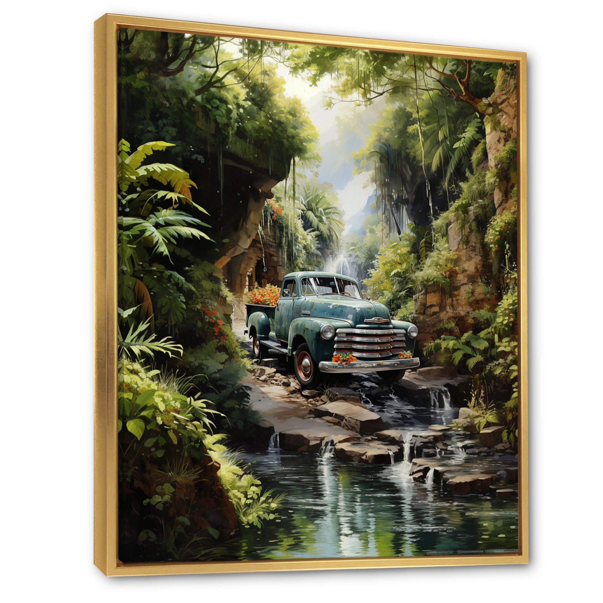 Green Pickup Truck Enchanting Waterfall I - Pickup Truck Canvas Wall Art