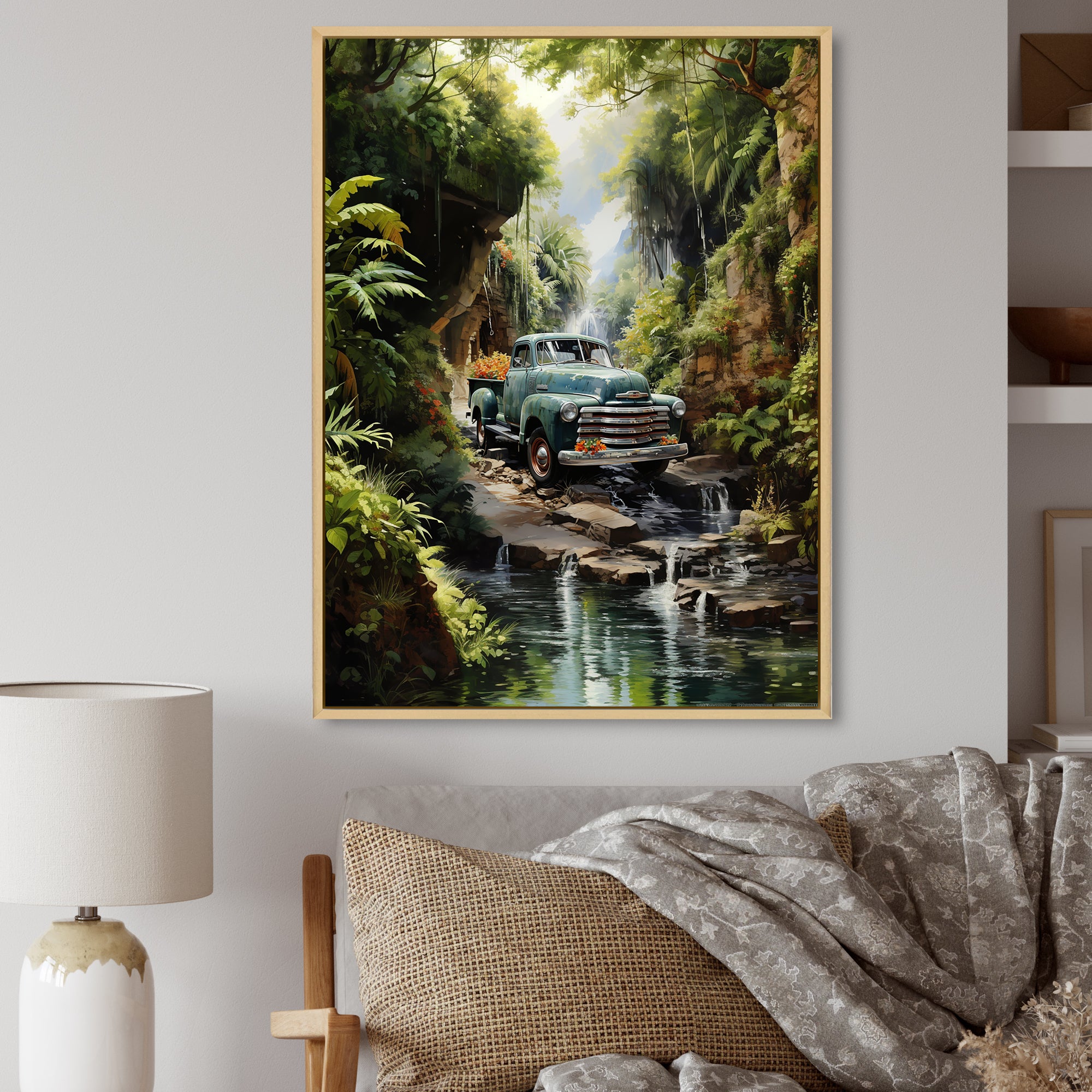 Green Pickup Truck Enchanting Waterfall I - Pickup Truck Canvas Wall Art