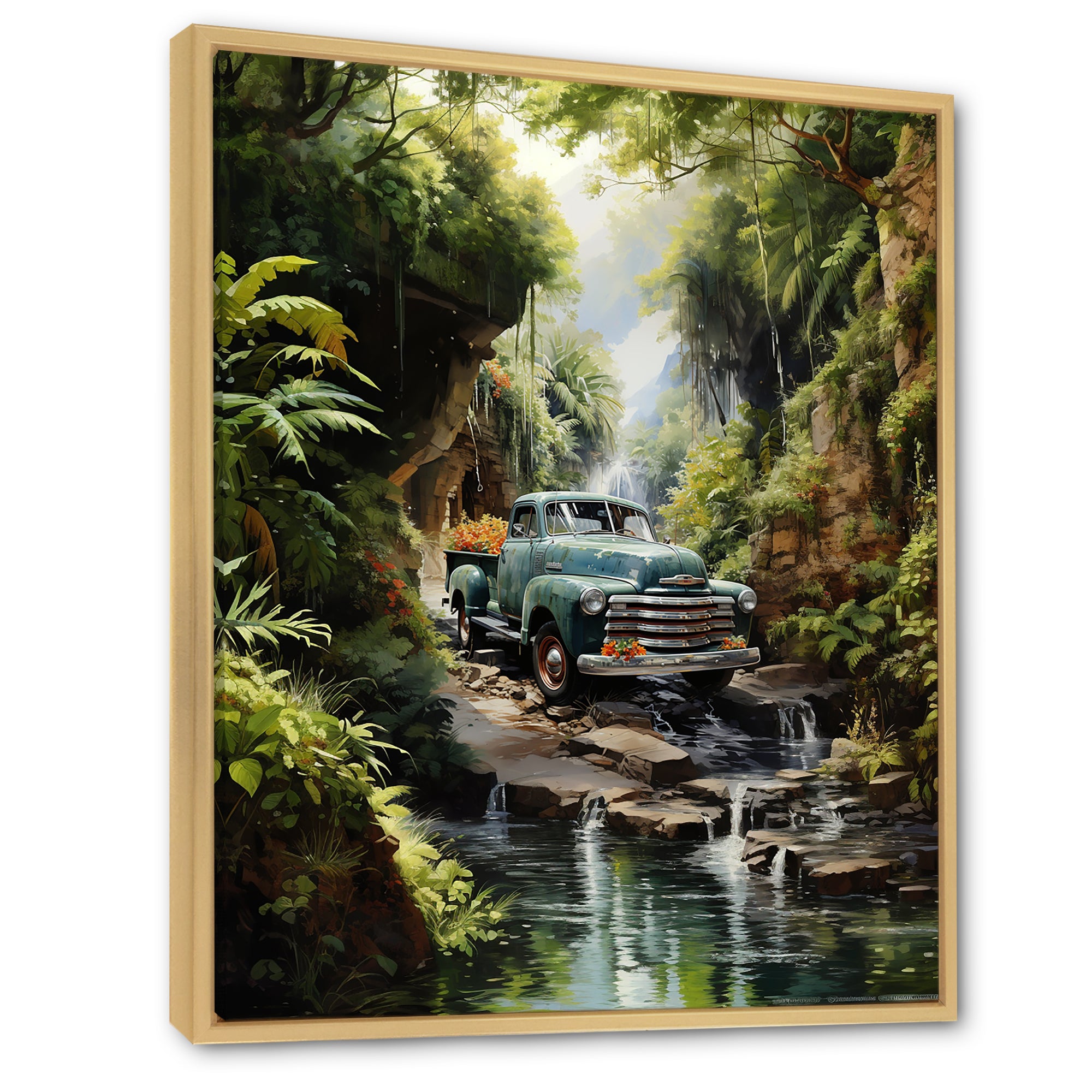 Green Pickup Truck Enchanting Waterfall I - Pickup Truck Canvas Wall Art