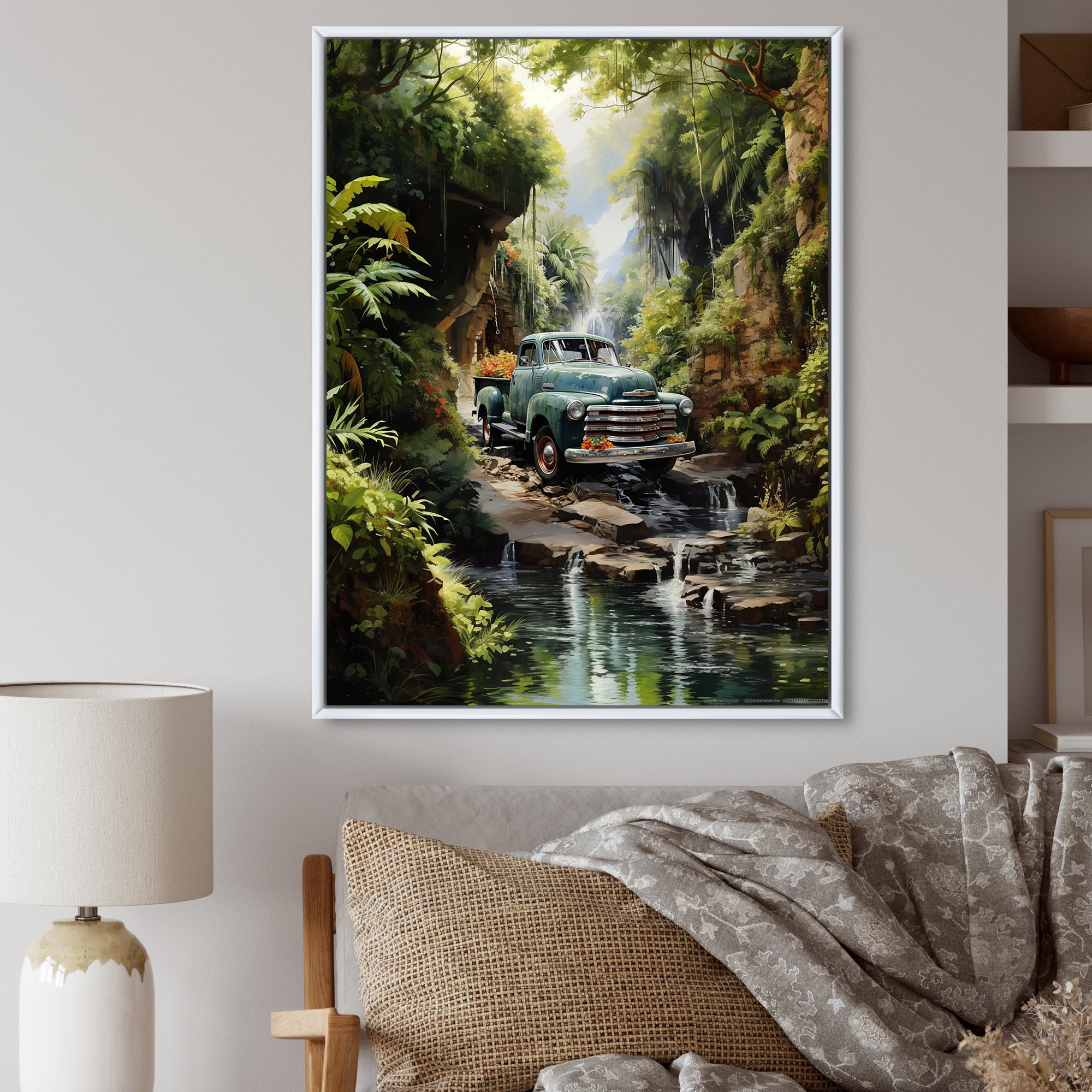 Green Pickup Truck Enchanting Waterfall I - Pickup Truck Canvas Wall Art