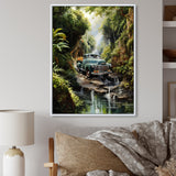Green Pickup Truck Enchanting Waterfall I - Pickup Truck Canvas Wall Art