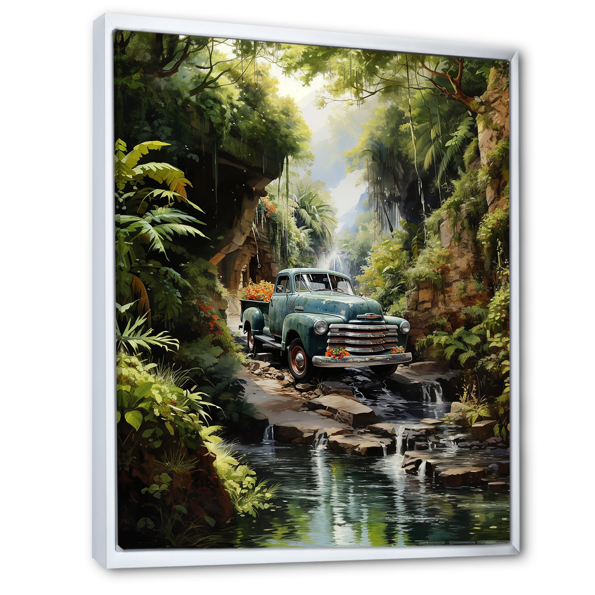 Green Pickup Truck Enchanting Waterfall I - Pickup Truck Canvas Wall Art