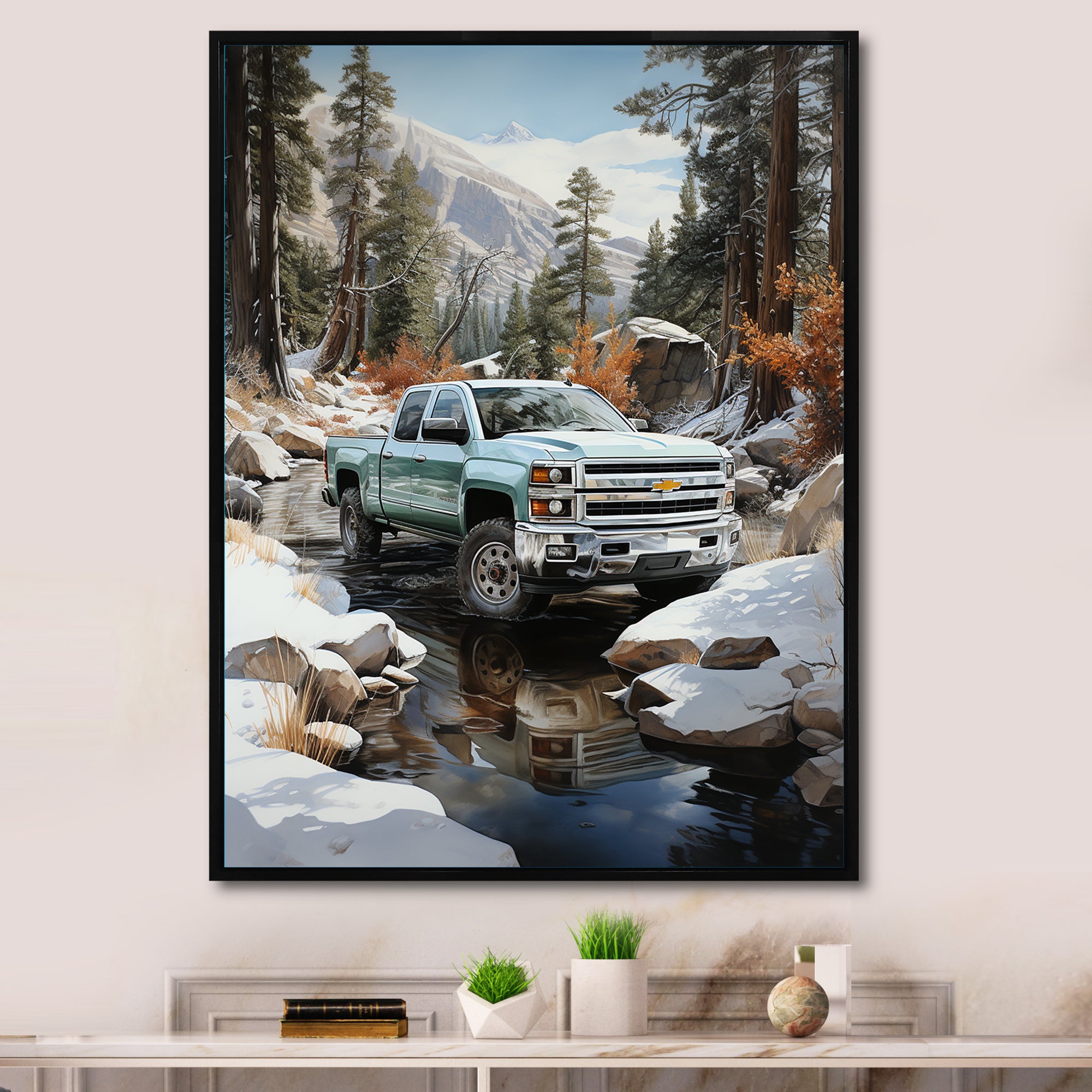 White Pickup Truck Winter Wilderness - Pickup Truck Canvas Wall Art