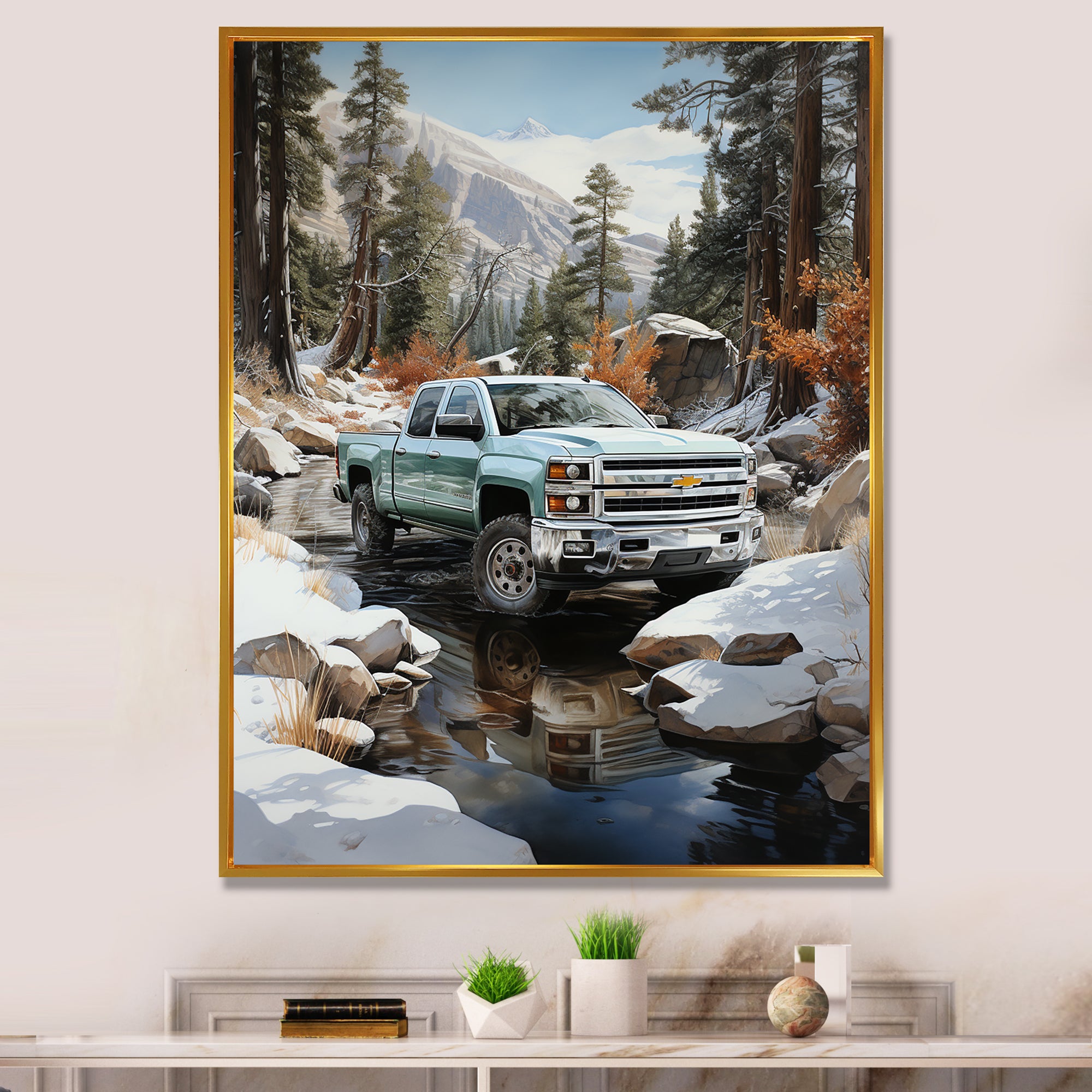 White Pickup Truck Winter Wilderness - Pickup Truck Canvas Wall Art