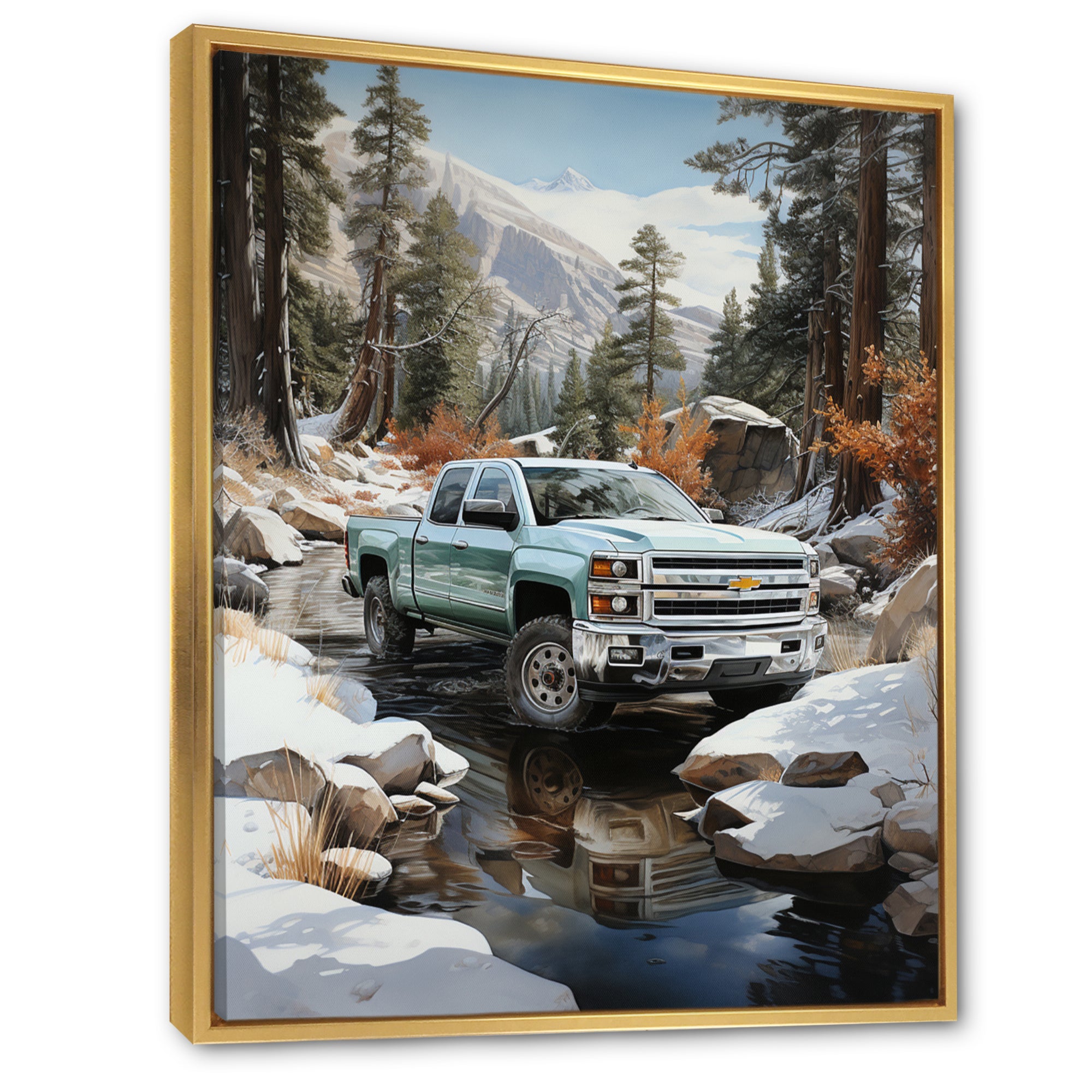 White Pickup Truck Winter Wilderness - Pickup Truck Canvas Wall Art