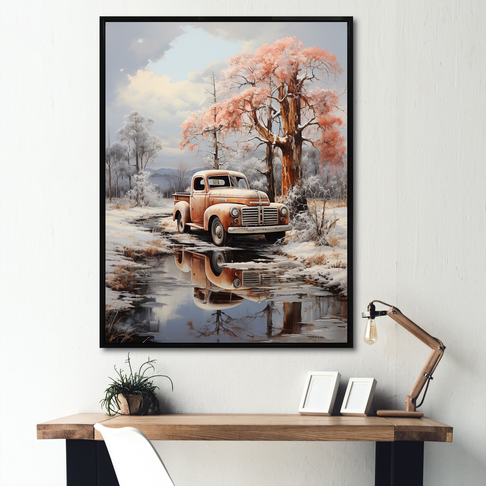 Coral Pickup Truck Frozen Wilderness - Pickup Truck Canvas Wall Art