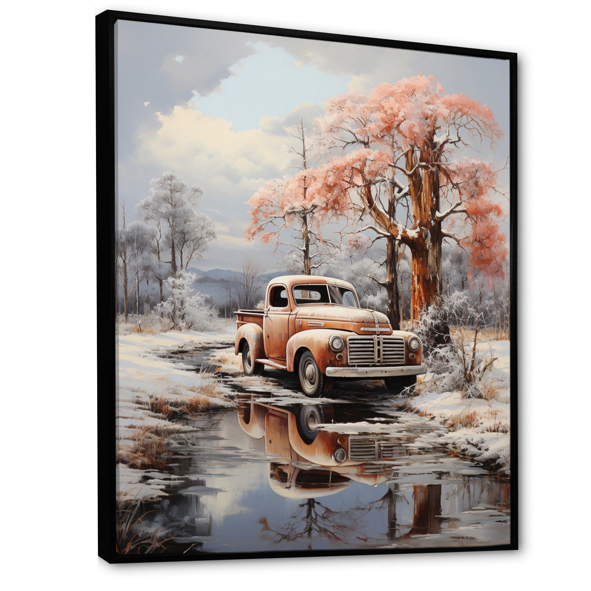 Coral Pickup Truck Frozen Wilderness - Pickup Truck Canvas Wall Art