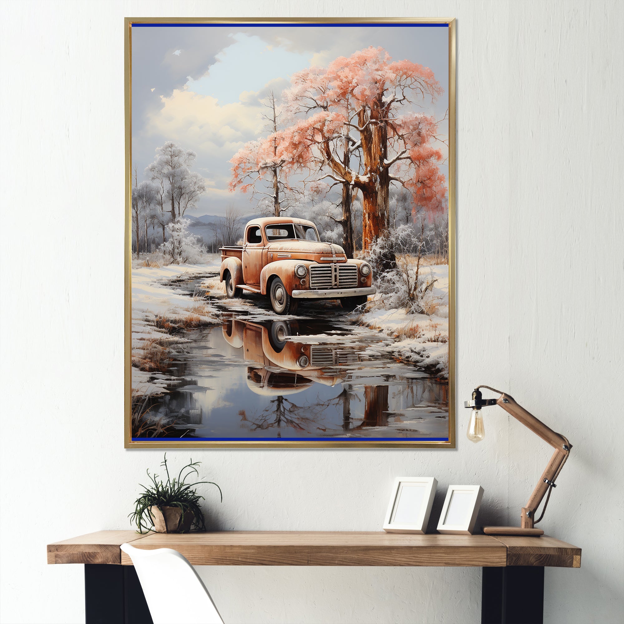Coral Pickup Truck Frozen Wilderness - Pickup Truck Canvas Wall Art