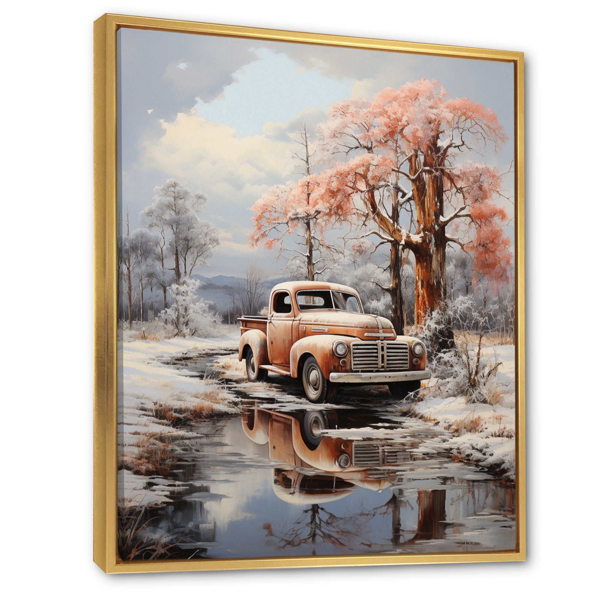 Coral Pickup Truck Frozen Wilderness - Pickup Truck Canvas Wall Art