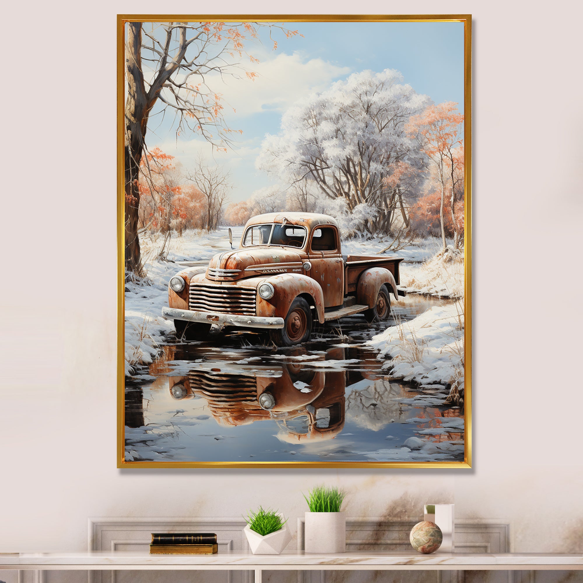 Brown Pickup Truck Frozen Wilderness - Pickup Truck Canvas Wall Art