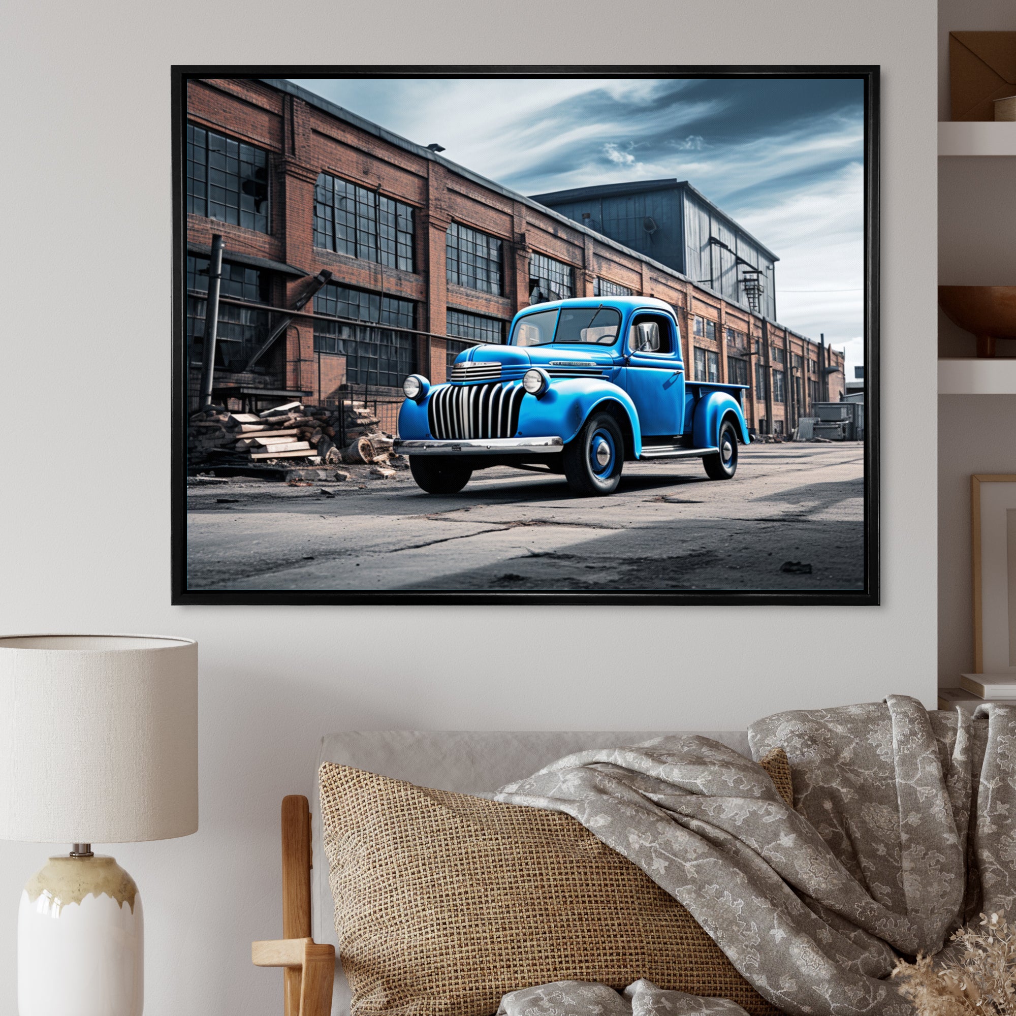 Blue Pickup Truck Industrial Drive I - Pickup Truck Canvas Wall Art